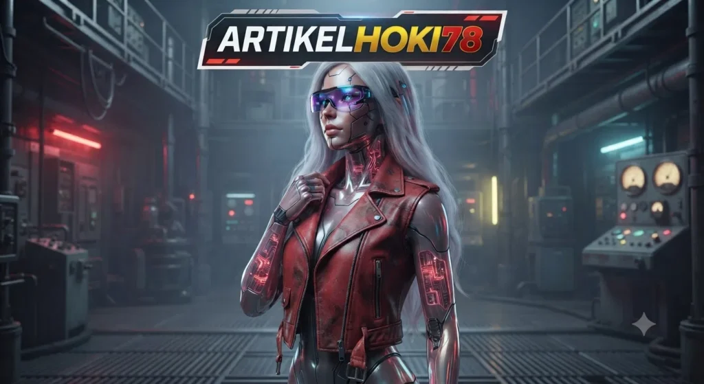 Seorang karakter cyborg wanita berambut putih panjang, mengenakan jaket kulit merah dan kacamata pelindung (goggles) futuristik, berdiri di dalam ruang kontrol industri yang gelap dan berkarat dengan pencahayaan neon merah dan biru. Di bagian atas gambar terdapat spanduk grafis bertuliskan "ARTIKEL HOKI78". Cyborg memiliki detail panel mekanis yang bercahaya di lengan dan lehernya.