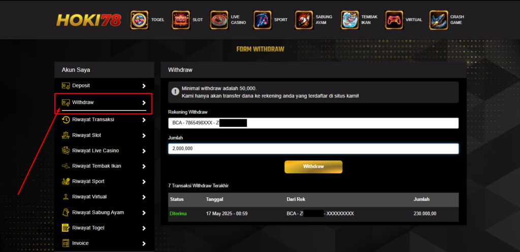 Withdraw Hoki78